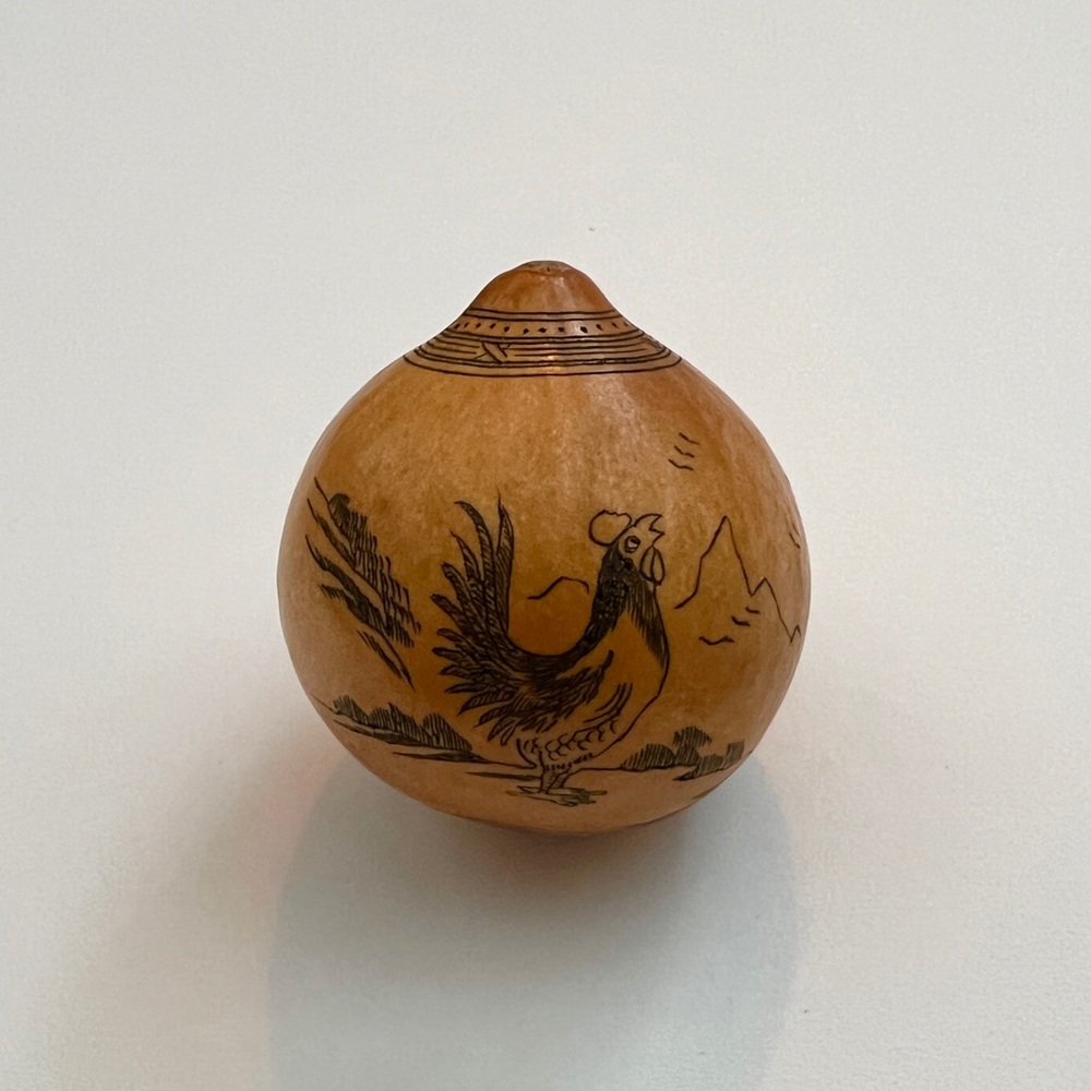 Antique lanzou carved etched gourd Chinese Zodiac year of rooster folk art
